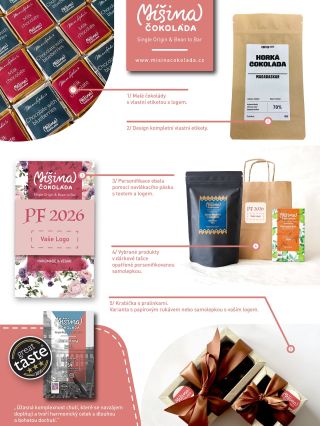 Čokoláda, oříšky v čokoládě, horká čokoláda a další produkty umíme vyrobit na míru s vaším logem. A kvalitní čokoládou...